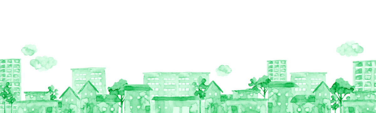 街並み 緑　背景 風景 横長　水彩 イラスト