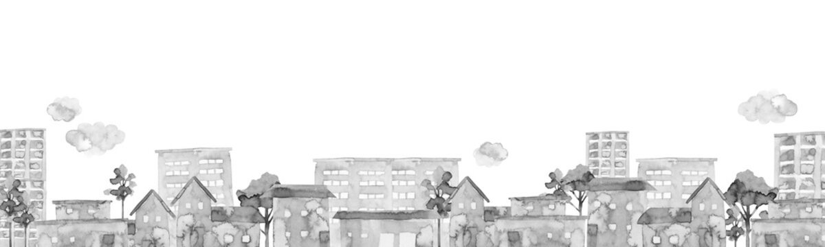 街並み 白黒　背景 風景 横長　水彩 イラスト