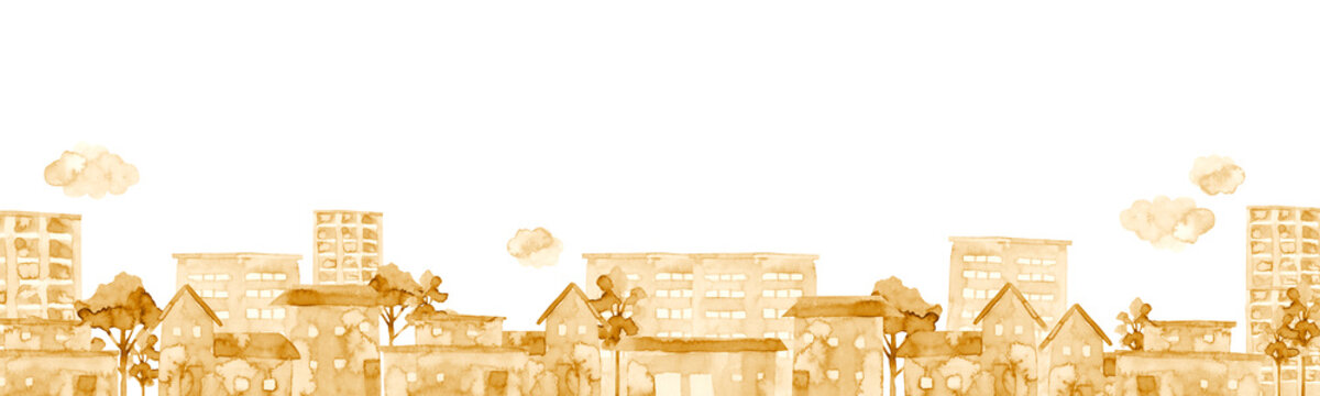 街並み 黄色 オレンジ色　背景 風景 横長　水彩 イラスト