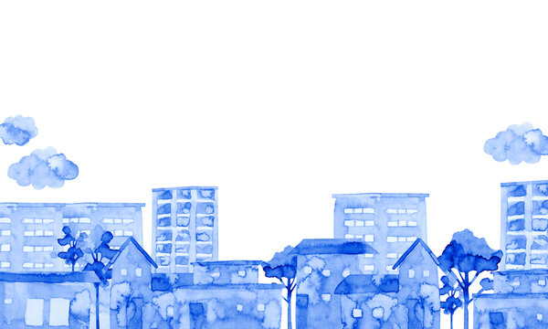 街並み 青　背景 風景　水彩 イラスト