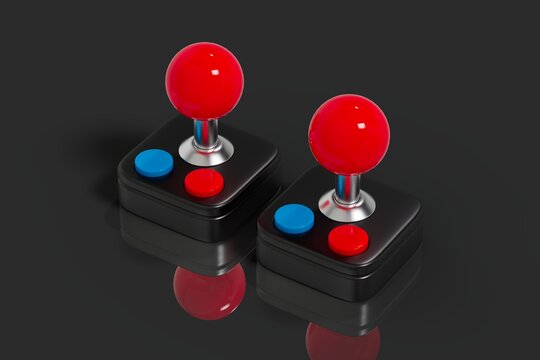 Two retro arcade joystick controllers on glossy black surface 3D computer generated