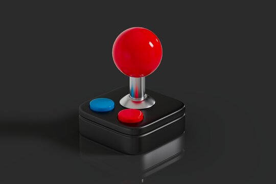 Retro arcade joystick controller with red ball and buttons 3D computer generated