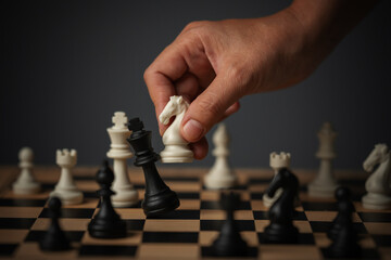 hand holding white chess knight taking black king, strategy concept © geargodz