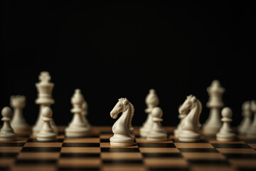 white chess knight standing on a board, surrounded by blurred pieces on black background © geargodz