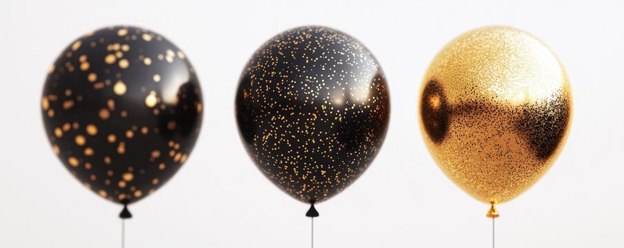 Three glossy balloons, black and gold, with speckles
