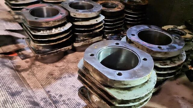 Stack of Vintage 2-Stroke Scooter Engine Cylinder Blocks and Heads for Classic Motorcycle Restoration