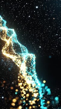 Abstract motion background with glowing particle wave dark space, star field, bright cyan gold light, galaxy dust, cosmic glow, dark nebulae, particle stream, space field and light glow for SEO