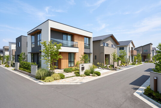 デザイン性の高い二階建て住宅が並ぶ閑静な新興住宅街と整備された街路