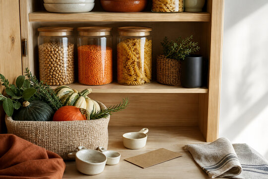 Autumn pantry organizing with jars herbs and seasonal produce