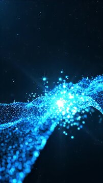 Abstract motion background blue light particles wave glow digital energy space on black background with glowing particle wave and digital flow with bright spark starry light