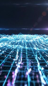 Abstract digital motion background with glowing blue grid, light wave, glowing digital grid line, particle sparkle, futuristic technology network, blue particles, light trail on dark background