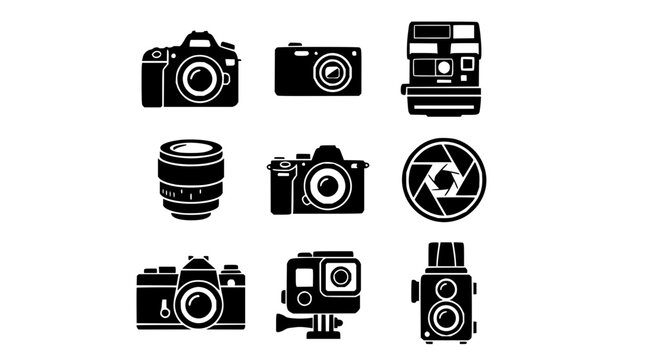 Camera icon set with modern grid display featuring vintage, digital, and film cameras with flat design and minimal style