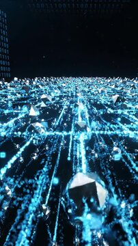 Abstract motion digital background with blue data flow, crystal shard effect, futuristic glowing network field, luminous geometric pattern, dark blue data stream, cyber network, particle code matrix