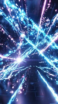 Abstract motion background with blue and purple light streaks dark space, futuristic digital tunnel, glowing particle burst, neon energy beam, dynamic speed, quantum vortex, luminous sci fi background