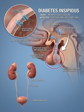 Medical Diagram of Diabetes Insipidus Pathophysiology showing Hypothalamic-Pituitary Axis and Renal System Function