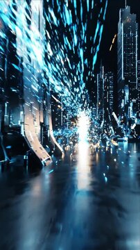 Abstract motion background city night futuristic digital light blue energy burst skyline urban reflection glowing blue light dark futuristic city scene digital wolf shape moving through neon street