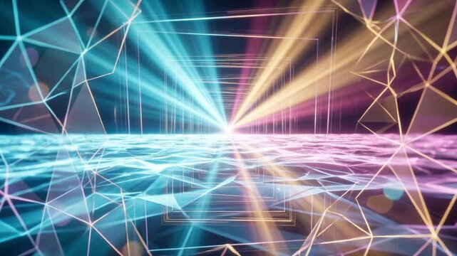 幾何学的なフレームと発光するネットワークが色鮮やかに活性化する奥深い抽象空間の3Dアニメーション