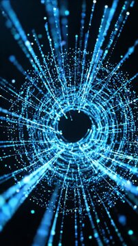 Abstract motion background with blue light tunnel and digital particle trail, futuristic energy swirl, glowing line pattern, blue light particle burst dark background with soft glow, minimal space