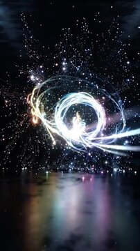 Abstract motion background with luminous light swirl, spark trail over dark water and reflection, glowing light trail black starry space, soft light streaks, cosmic scene and tranquil glow