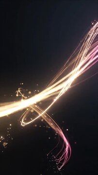 Abstract motion background with golden and pink light trail on dark black space, spark and glow in dark copy space, glowing light trail with dynamic energy and elegant curve for SEO backdrop