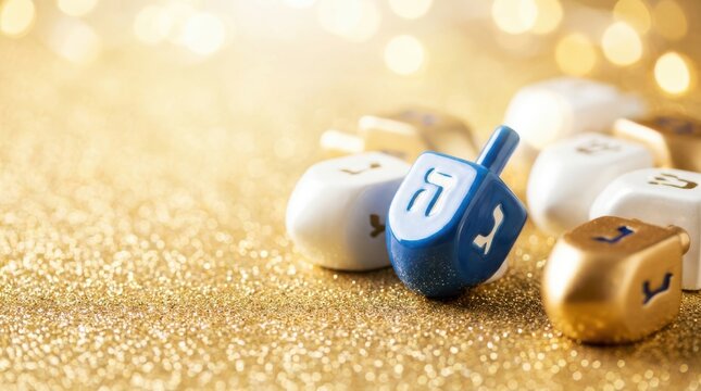 Blue and golden dreidels with other Hanukkah tokens on sparkling golden glitter background.