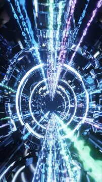 Abstract motion background futuristic digital tunnel with neon light ring and digital stream, glowing blue purple spiral technology speed pattern for SEO friendly searchable background video title