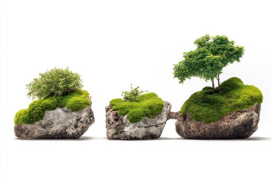 Three miniature rock gardens, each with moss and small trees, on a white background