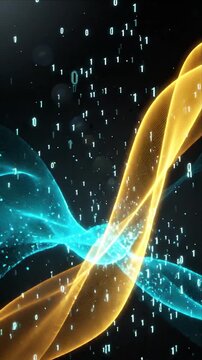 Abstract motion background digital data stream blue wave binary code with blue and orange light on dark space, glowing particle trail, gold ribbon and black background for SEO searchability