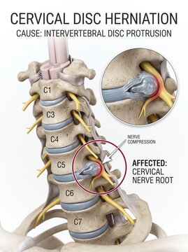 Cervical Disc Herniation and Nerve Compression Medical Illustration