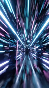 Abstract motion background neon light tunnel with futuristic blue purple cyan glow, speed blur streaks, dark corridor, immersive dynamic perspective, vibrant digital reflection, deep depth