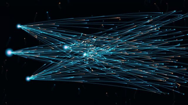 Blue glowing network lines with bright dots forming a dense interconnected pattern on dark background