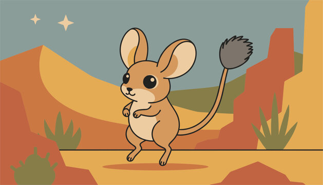 Adorable cartoon jerboa desert rodent with a long tail jumps gracefully across a scenic desert landscape under a starry night sky.