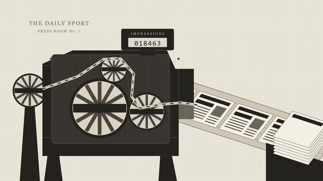 Retro newspaper printing press animation, vintage sport news abstract concept, black and white motion graphic