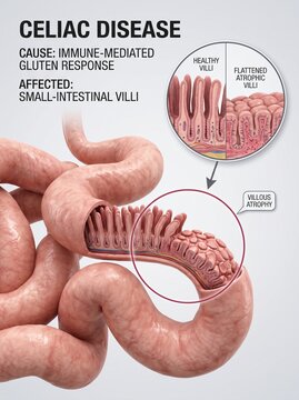 Medical Illustration of Celiac Disease Showing Comparison Between Healthy and Atrophied Intestinal Villi