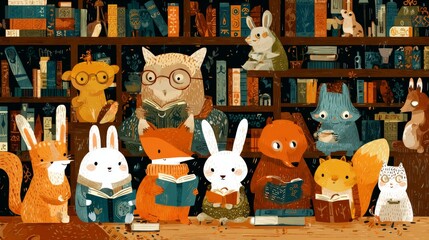 Naklejka premium Diverse woodland animals gathered in cozy treehouse library, fox wearing glasses reading science book, bear cub taking notes, rabbits studying mathematics together, squirrel organizing bookshelf, owl