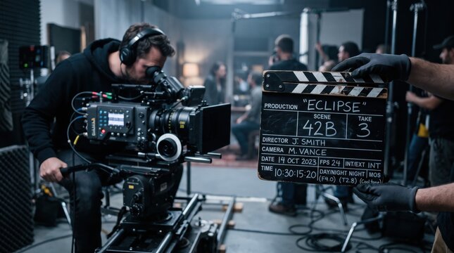 Cameraman operating professional cinema camera while assistant holds clapperboard for scene take, capturing authentic moment of movie production process