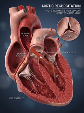 Medical Illustration of Aortic Regurgitation showing Human Heart Anatomy and Backward Blood Flow