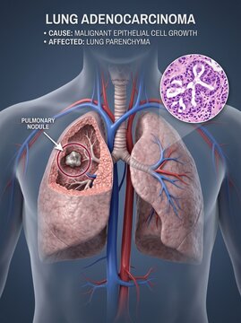 Lung Adenocarcinoma Medical Illustration with Pulmonary Nodule and Histology View
