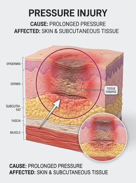 Medical Illustration of Pressure Injury and Human Skin Anatomy Layers