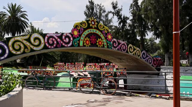 Colorful Floral Arch On Trajinera Boat In Xochimilco Canals Mexico City