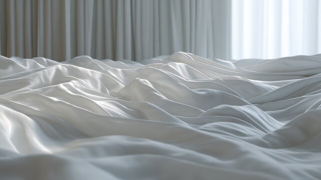Detailed view of snow-white polyester sheets with dramatic folds and pleats, fabric appearing to flow like liquid across bed surface, reflective quality capturing ambient light from bedroom window,