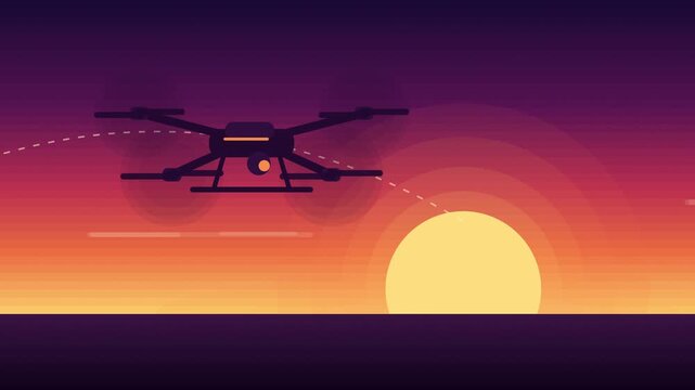 Animated drone flying towards a pixel art sunset, motion graphic with orange sky and purple gradient