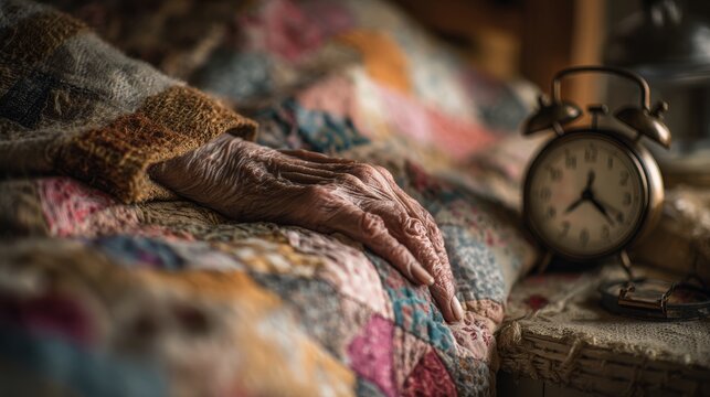 Weathered elderly hand with prominent veins emerging reluctantly from below patchwork quilt, fingers groping for old-fashioned twin-bell alarm clock, extreme shallow focus isolating fine details of