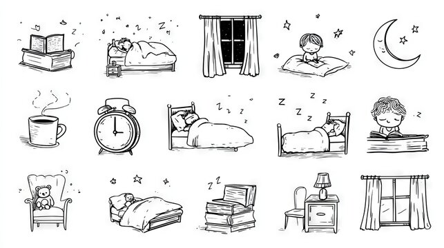 Minimalist continuous line art collection depicting bedtime rituals, simple black outline drawings on white background showing person reading book in bed, sleeping child with teddy bear, alarm clock
