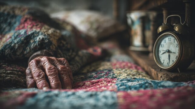 Weathered elderly hand with prominent veins emerging reluctantly from below patchwork quilt, fingers groping for old-fashioned twin-bell alarm clock, extreme shallow focus isolating fine details of
