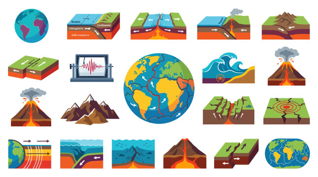Geology Earth Science Plate Tectonics Volcano Earthquake Tsunami Flat Art Icons