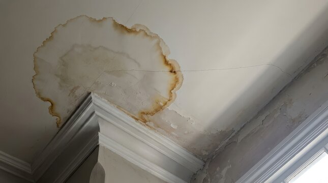 Damaged ceiling from water leak, with cracked paint and water stains near window frame.
