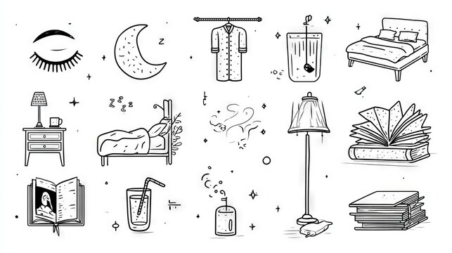 Elegant monoline vector set showing bedtime elements, precise single-weight black strokes depicting sleeping face in profile, closed eye with lashes, pajamas hanging on hook, glass of water, book