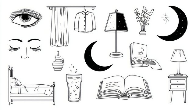 Elegant monoline vector set showing bedtime elements, precise single-weight black strokes depicting sleeping face in profile, closed eye with lashes, pajamas hanging on hook, glass of water, book