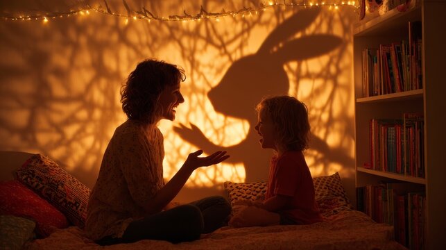Loving mother teaching child shadow puppetry on bedroom wall, intricate hand shadow of rabbit visible, child laughing with delight, bookshelf with storybooks in background, string lights creating